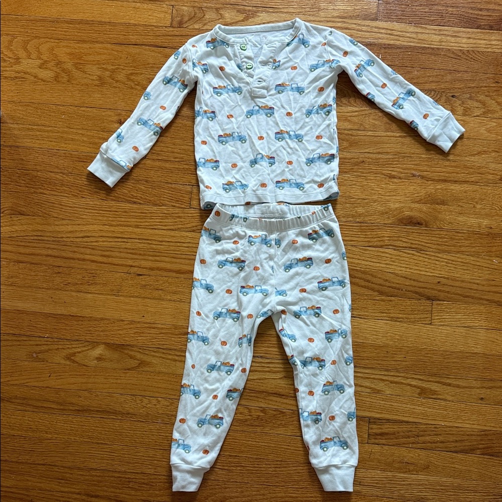 Little English White Pajama Set with Blue and Orange Car Pumpkin Print